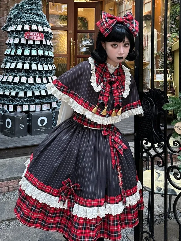 Red Plaid and Black Striped Pattern Dress Detachable Collar and Tie Lolita Jumper Skirt