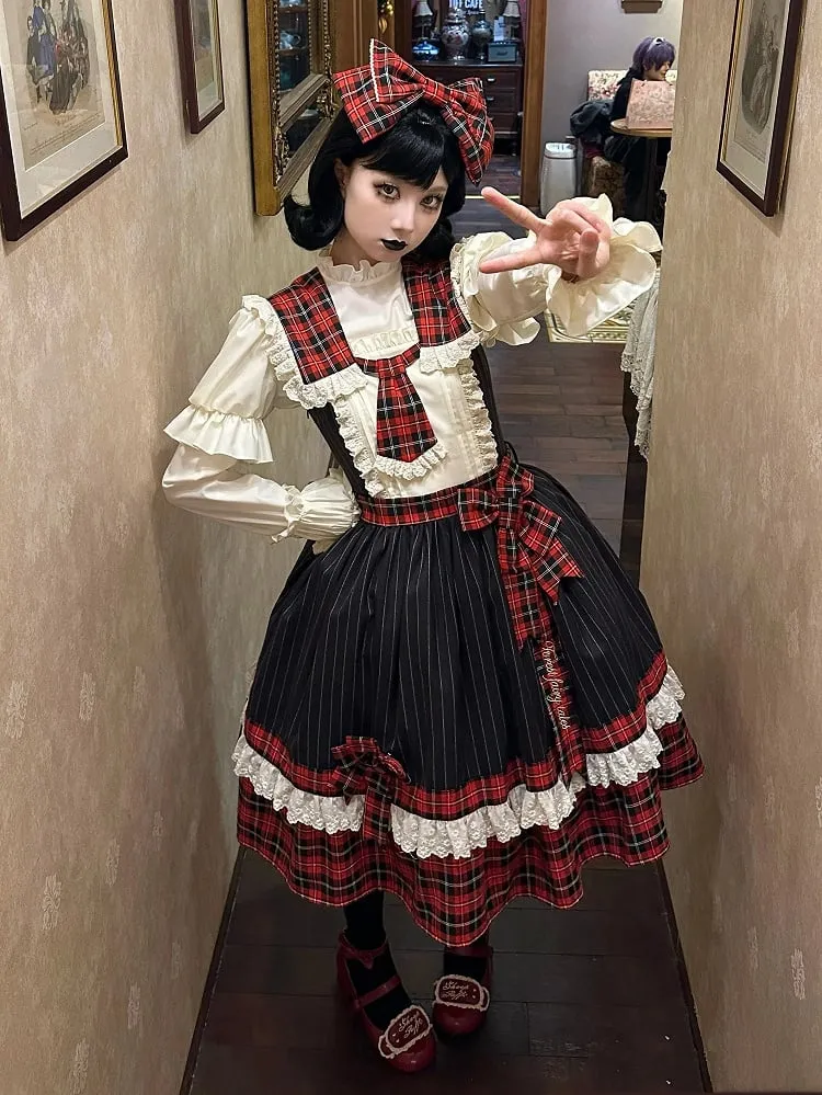 Red Plaid and Black Striped Pattern Dress Detachable Collar and Tie Lolita Jumper Skirt