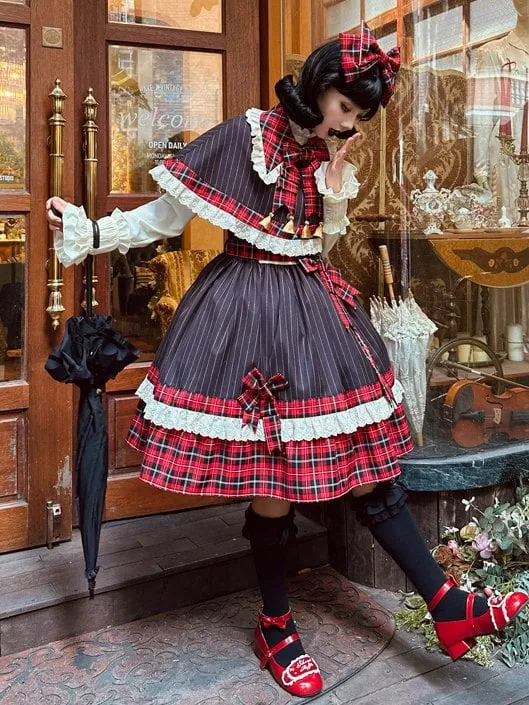 Red Plaid and Black Striped Pattern Dress Detachable Collar and Tie Lolita Jumper Skirt