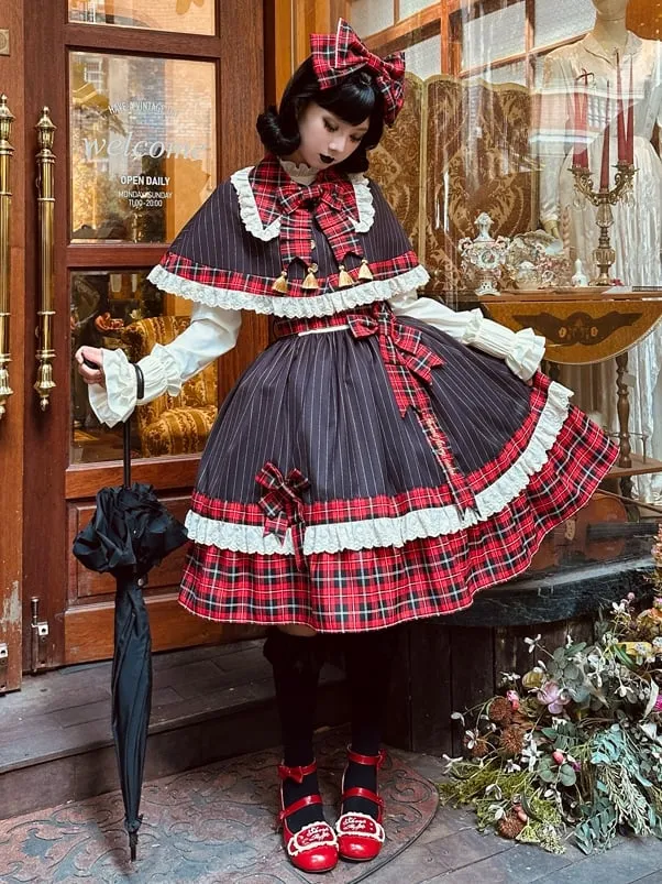 Red Plaid and Black Striped Pattern Dress Detachable Collar and Tie Lolita Jumper Skirt