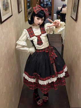 Red Plaid and Black Striped Pattern Dress Detachable Collar and Tie Lolita Jumper Skirt