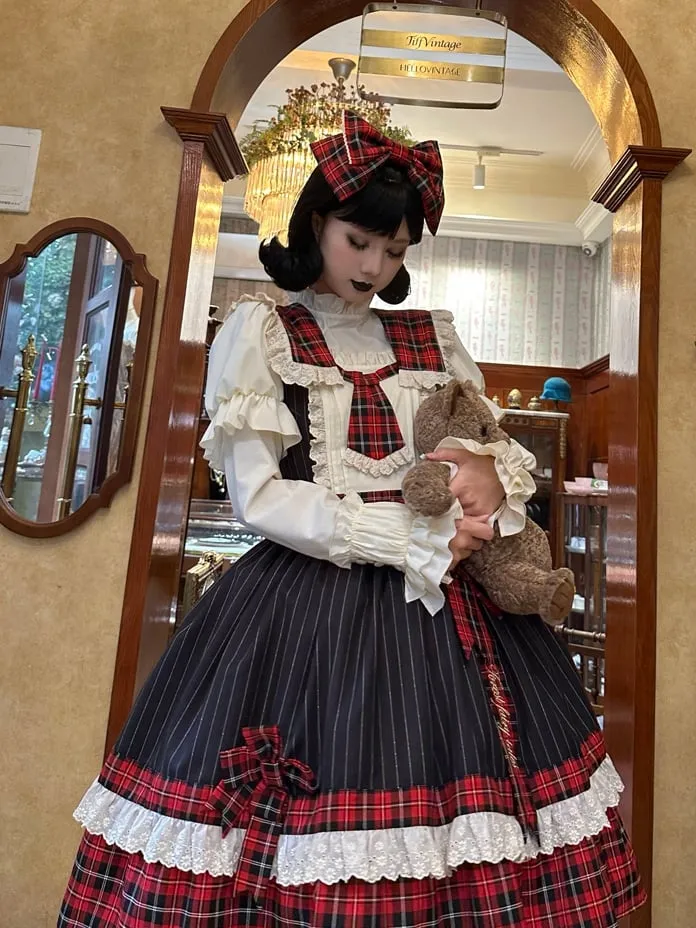 Red Plaid and Black Striped Pattern Dress Detachable Collar and Tie Lolita Jumper Skirt