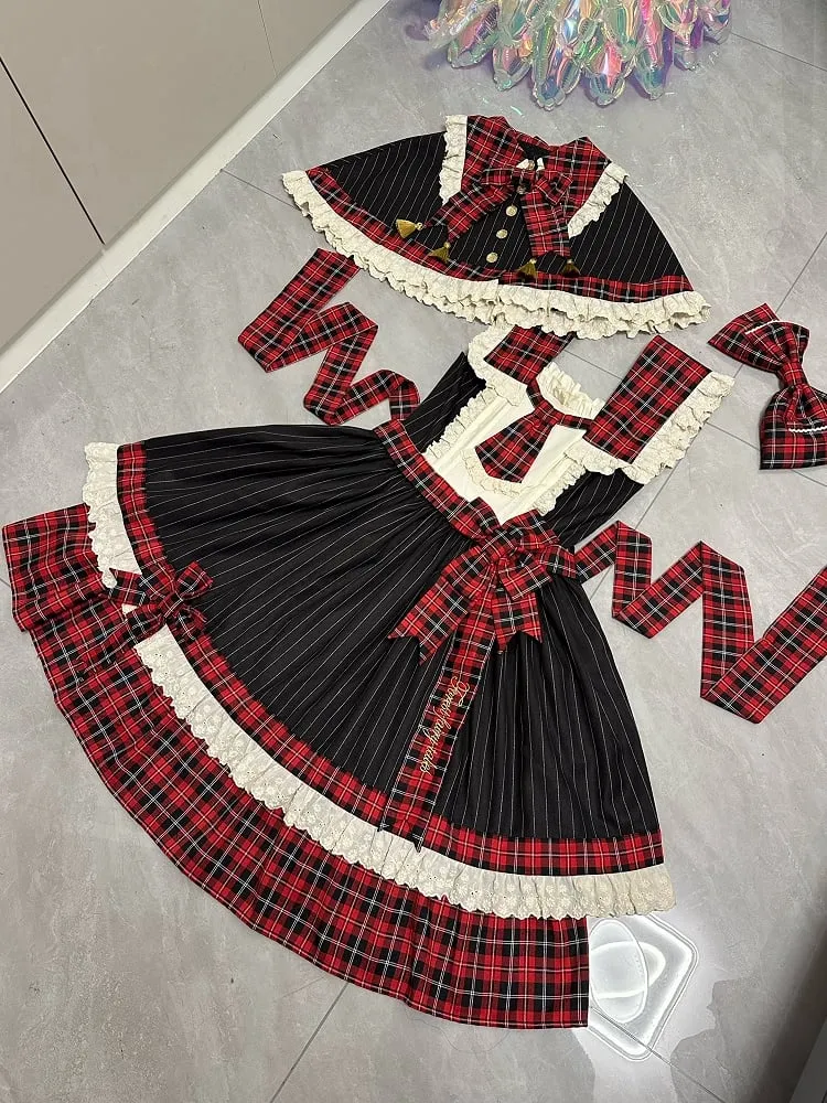 Red Plaid and Black Striped Pattern Dress Detachable Collar and Tie Lolita Jumper Skirt