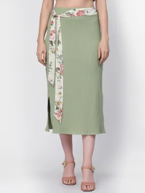 Ribbed Straight Skirt With Slits & Printed Belt