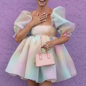 Sheer Organza Skirt Bandeau Puff Sleeve Mini Princess Dress