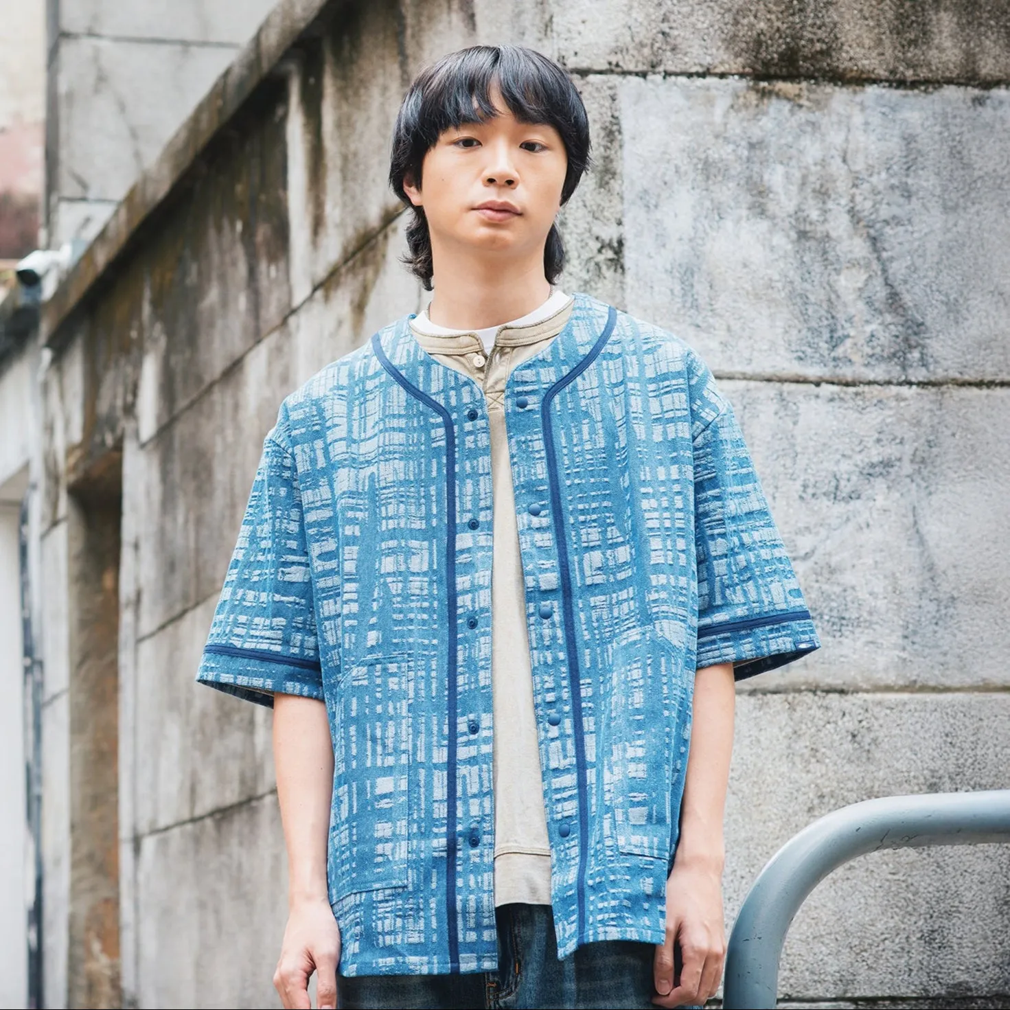 (ST457) Jacquard Denim Baseball Shirt
