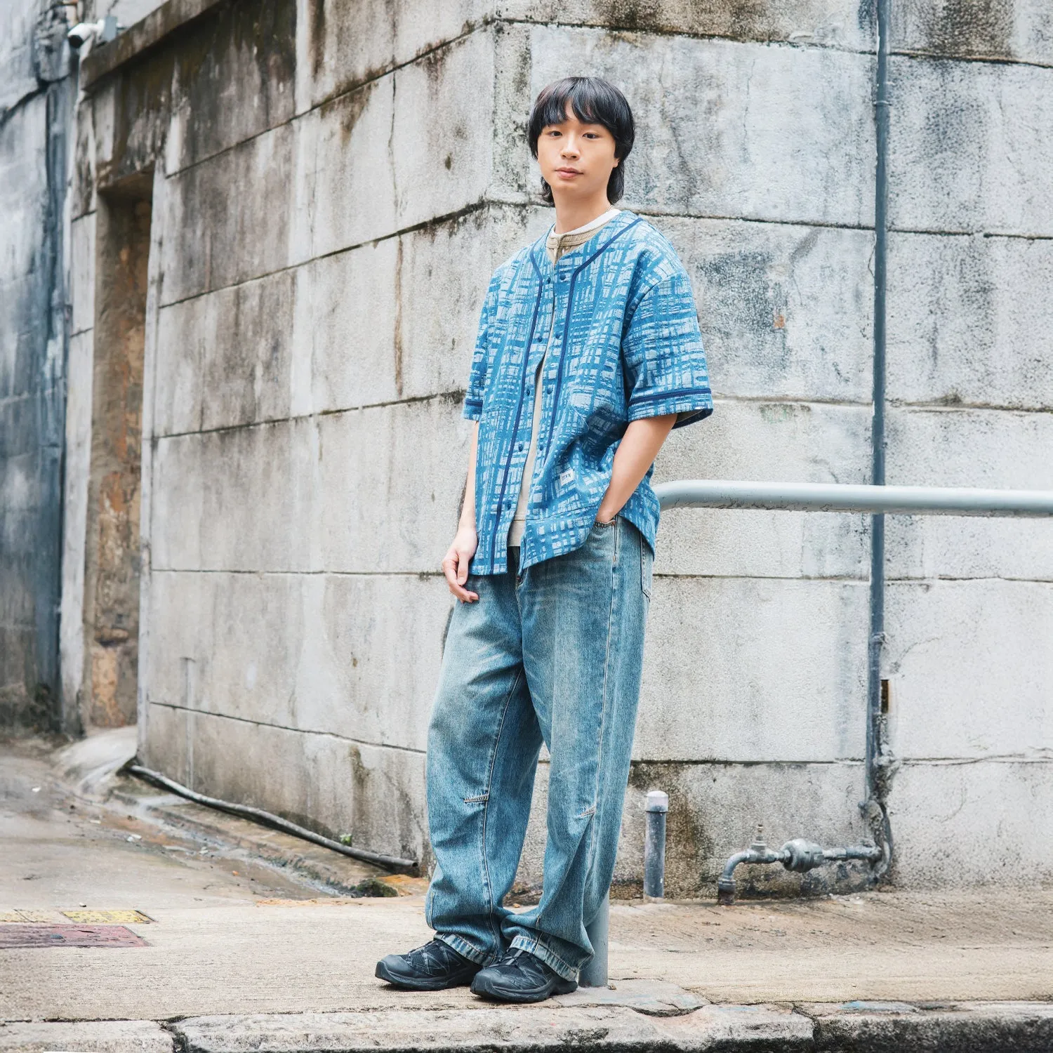 (ST457) Jacquard Denim Baseball Shirt