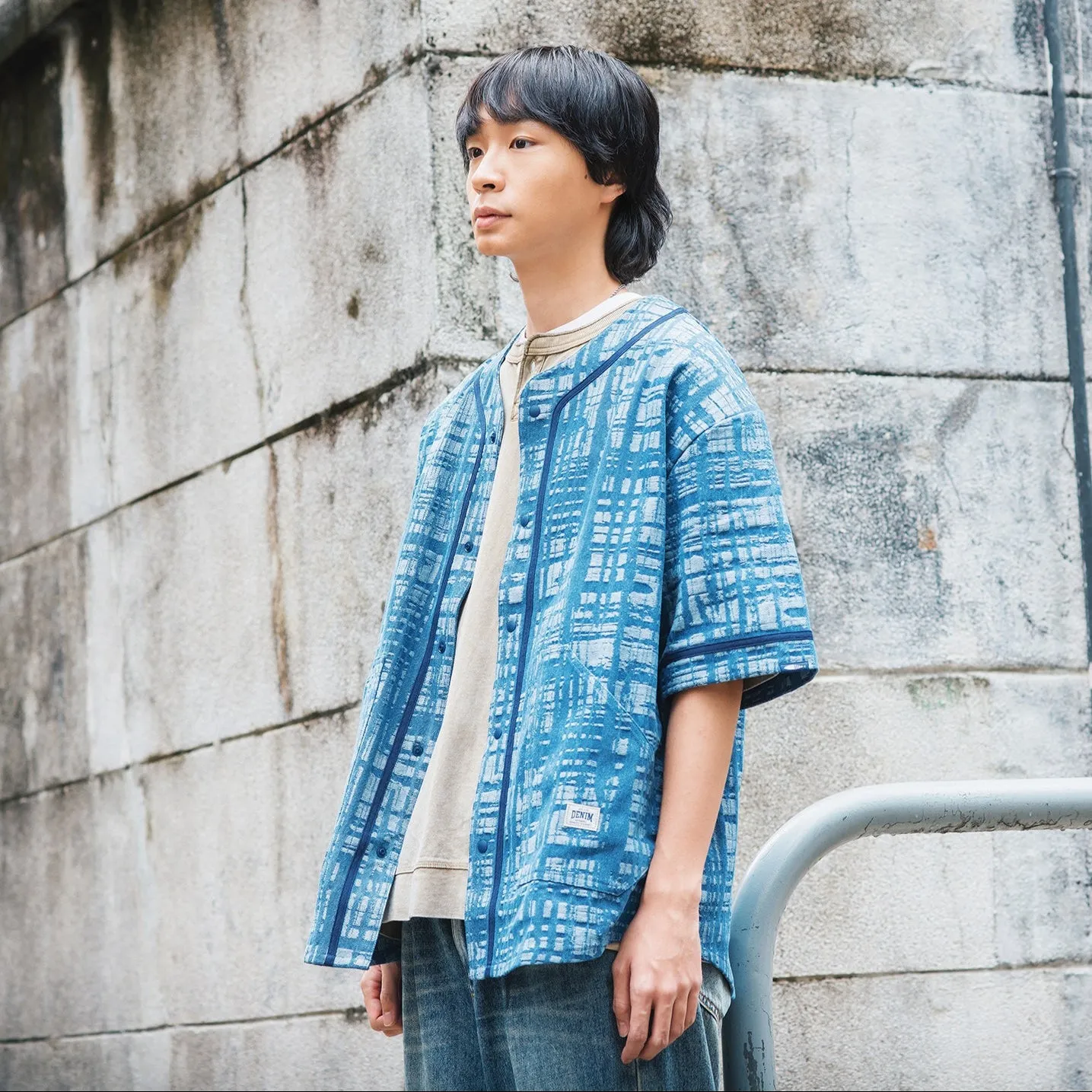 (ST457) Jacquard Denim Baseball Shirt