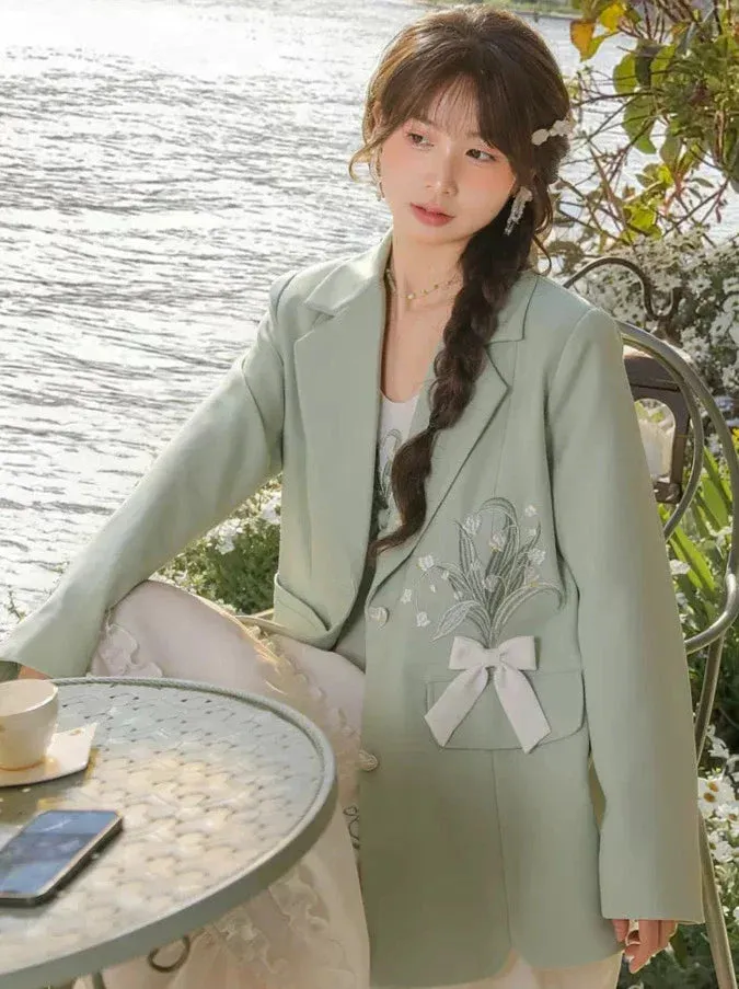 Suspender Mint Green Suit   Flower Jacket Ribbon Ruffle Dress