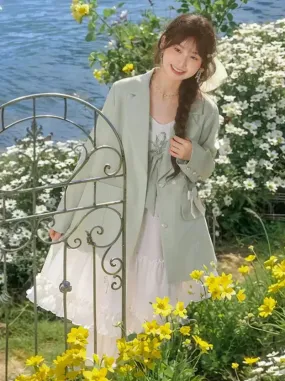 Suspender Mint Green Suit   Flower Jacket Ribbon Ruffle Dress