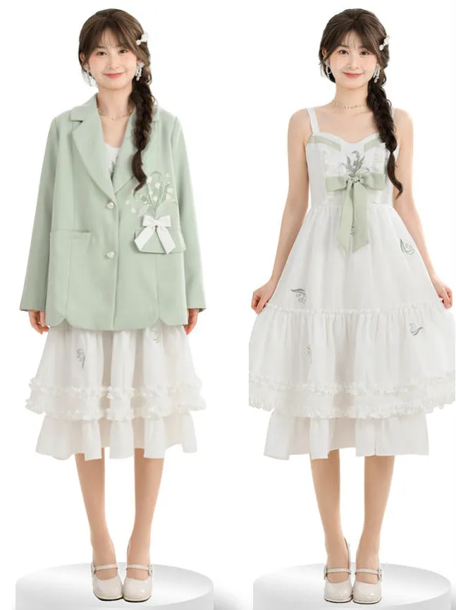 Suspender Mint Green Suit   Flower Jacket Ribbon Ruffle Dress