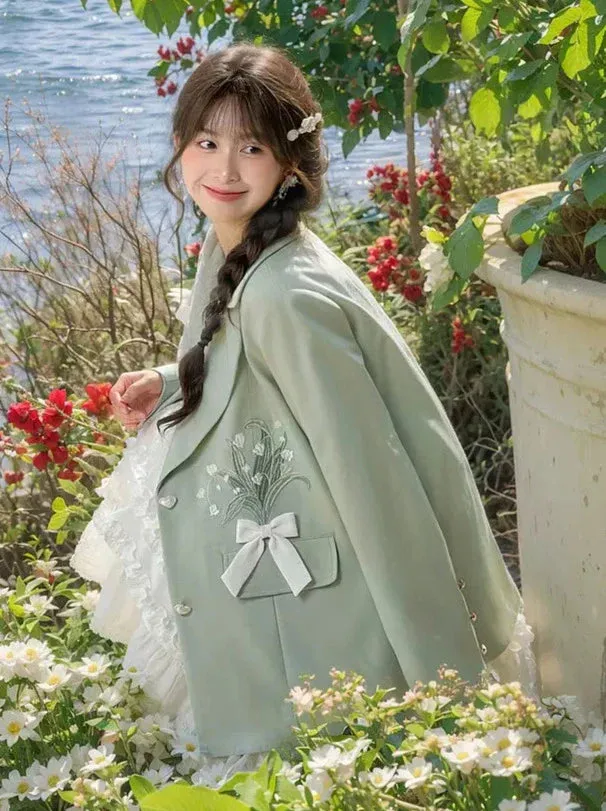 Suspender Mint Green Suit   Flower Jacket Ribbon Ruffle Dress
