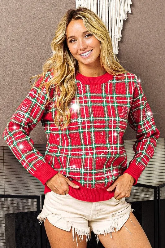 The St. Nick Sequin Sweater in Christmas Plaid