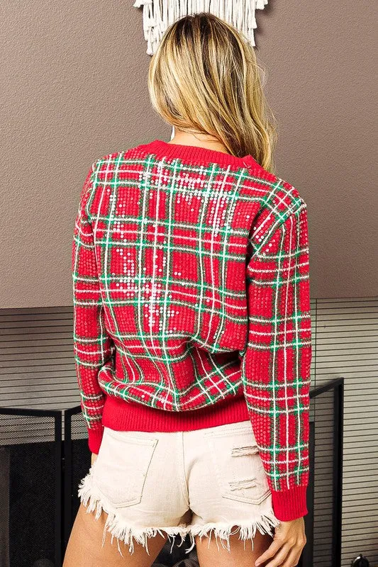 The St. Nick Sequin Sweater in Christmas Plaid