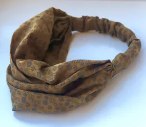 Wide Wrap Turban Headband -  khaki & Blue Flower