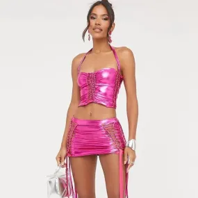 Yomorio Metallic Skirt Set Pink Two Piece Set Sexy Party Clubwear Drawstring Rave Outfits